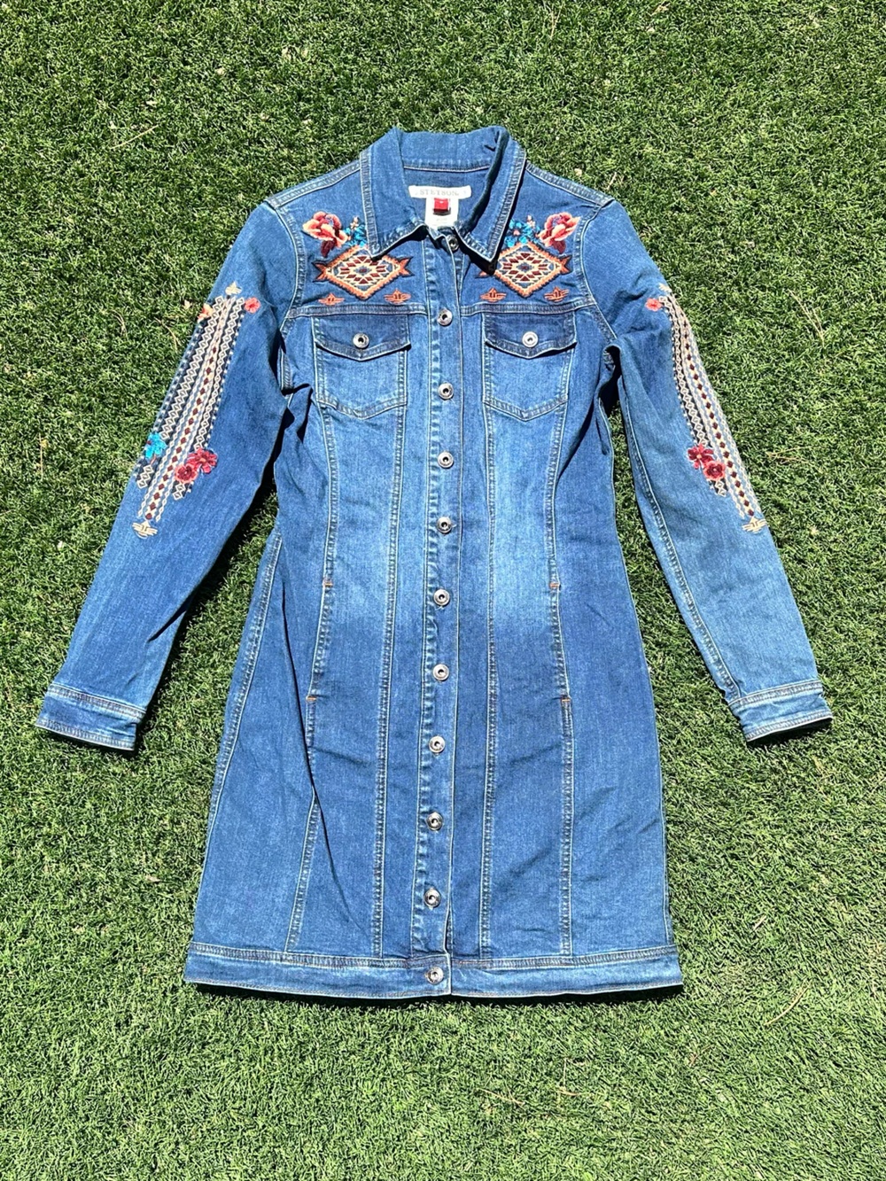 STETSON | Western Blue Denim Button Up Shirt Dress Embroidered Women's Size S